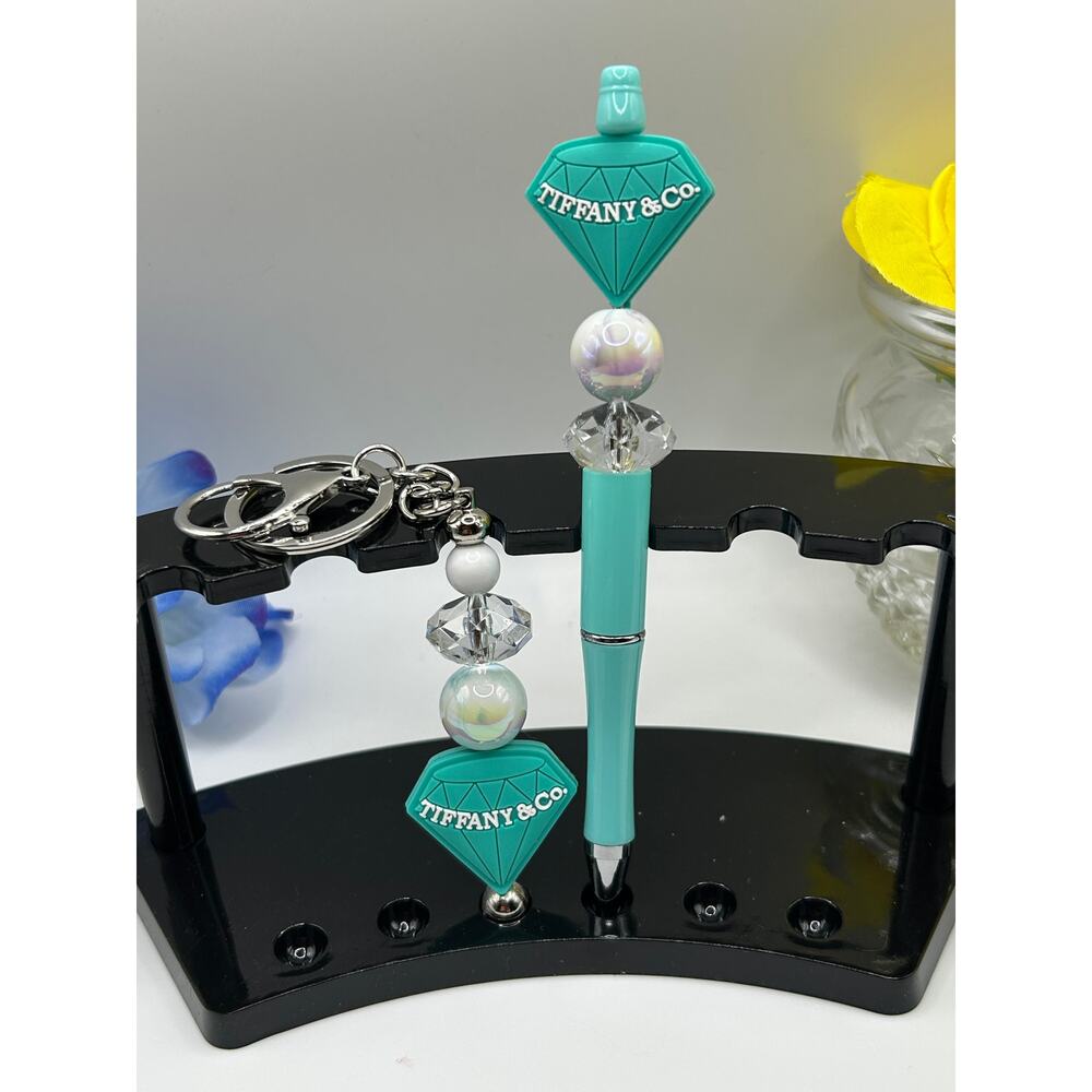 Tiffany Blue Beaded Pen & Keychain Set – Diamond Charm Gift for Her